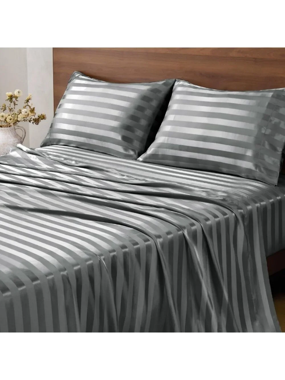 Luxurious Dark Grey Jacquard Striped Satin King Size Sheet Set - 4 Pieces